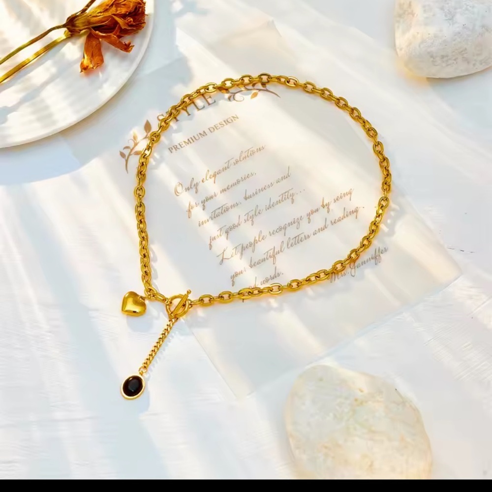 Gold Heart Necklace with Black Stone Drop - Picture 5 of 5